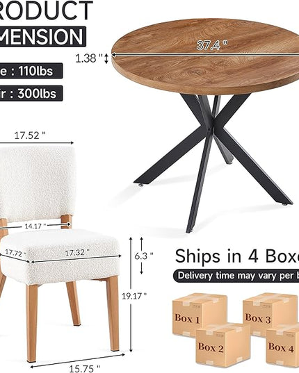 5-Piece Round Dining Table Set, Modern Small 37" Kitchen Table Chairs Set, Upholstered Stackable Dining Chairs with Metal Legs for Living Room Apartment, Space-Saving, Imitation Wood&White