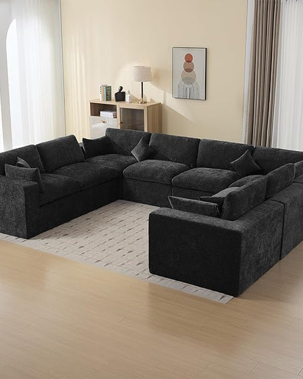 155''Cloud Boneless Sectional Couch, Modular Sectional Sofa Deep Seat, Oversized Upholstered Convertible Comfy 8 Seater Chenille Memory Foam Sofa U Shape Couches for Living Room, Dark