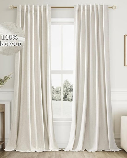 Guken Cream Linen Blackout Curtains 96 Inch Length 2 Panels Set for Living Room Bedroom Back Tab Thermal Insulated 100% Black Out Linen Drapes Room Darkening Window Curtains Ivory Natural