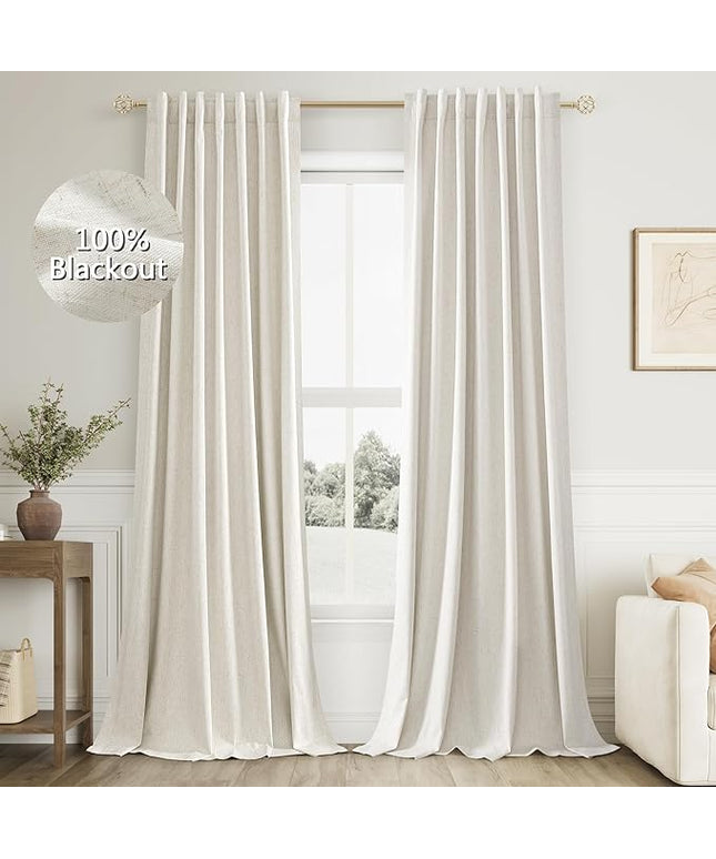 Guken Cream Linen Blackout Curtains 96 Inch Length 2 Panels Set for Living Room Bedroom Back Tab Thermal Insulated 100% Black Out Linen Drapes Room Darkening Window Curtains Ivory Natural