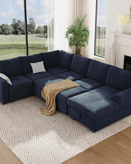 Vesgantti 113.6" Pull Out Sofa Bed with Chaise, 7 Seater U Shaped Sleeper Sofa with Storage Chaise, Comfy Chenille Modular Sectional Couch for Living Room, Bedroom, Apartment, Blue