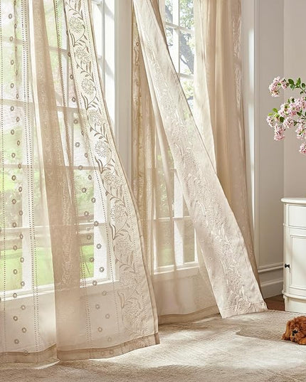 jinchan Winslow Sheer Curtains 96 Inch for Bedroom Living Room Embroidered Bordered Floral Nursery Curtains for Playroom Light Filtering, Ivory on Beige, 2 Panels, 50W x 96L