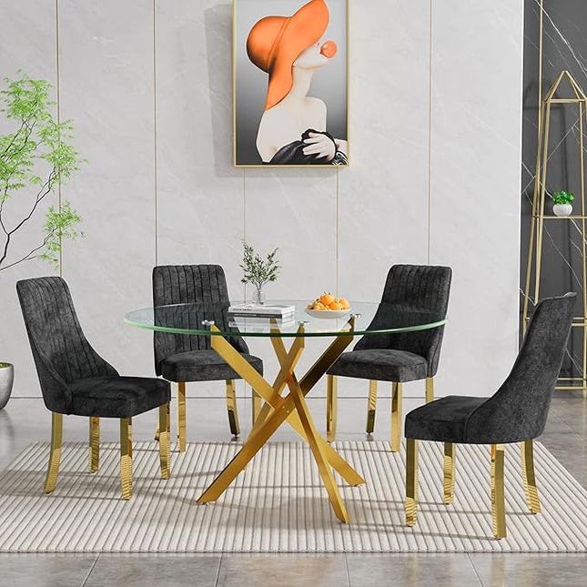 Round Glass Dining Table Set for 4, 47'' Clear Circular Kitchen Table and Chairs Set, 5PCS Modern Circle Dining Room Table Set with 4 Dining Chair for Home