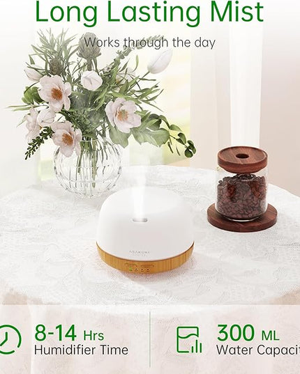 ASAKUKI Essential Oil Diffuser, 300ml Ultrasonic Aromatherapy Oil Humidifier with 7 Colors Lights 2 Mist Mode for Home