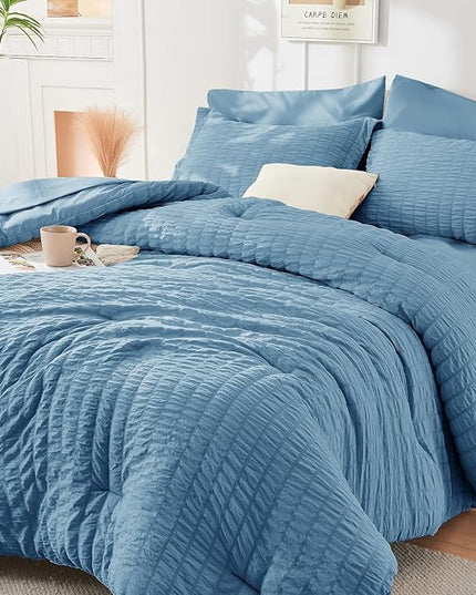 HYMOKEGE Mineral Blue Twin XL Comforter Set Seersucker 5 Pieces, All Season Luxury Bed in a Bag for Bedroom, Bedding Set with Comforter, Sheets, Pillowcase & Sham