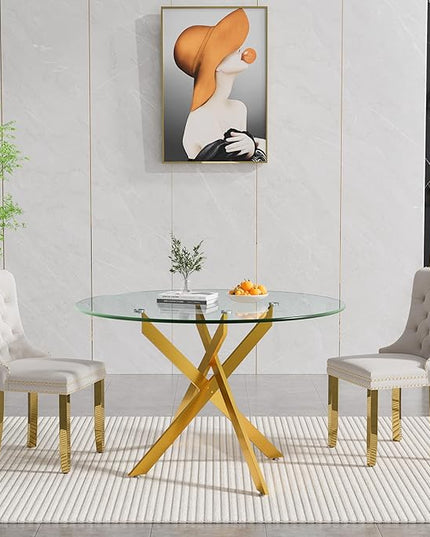 Round Glass Dining Table Set for 2, 47'' Clear Circular Kitchen Table and Chairs Set, 3PCS Modern Circle Dining Room Table Set with 2 Velvet Dining Chair for Home