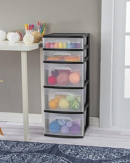 5-Tier Storage Drawer,with Both Shallow and Deep Clear Plastic Storage Organizer Drawer Tower，Suitable for Bedroom,Bathroom and Office Organization Black