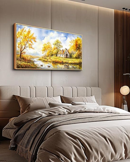 ERQINHUA Canvas Wall Art For Living Room Farmhouse Dining Room Home Wall Decor For Bedroom Office Wall Decoration Yellow Pastoral Creek Landscape Painting Wood Frame Prints Pictures Artwork 20"x40"