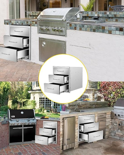 Outdoor Kitchen Drawers 18" W x 21" H x 21" D Flush Mount Triple BBQ Drawers with Chrome Handle Stainless Steel Drawer for Outdoor Kitchen Island, Patio Grill Station