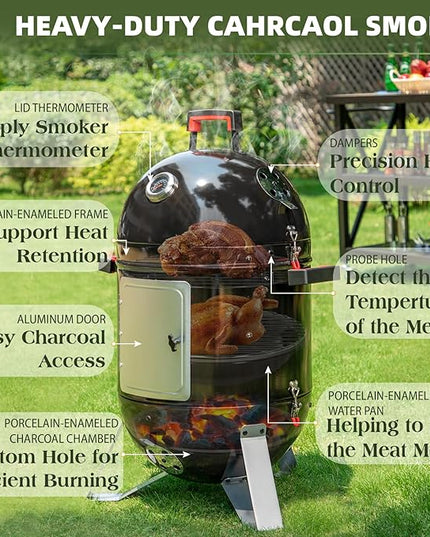 Sophia & William 18-Inch Vertical Charcoal Smokers BBQ Grills with Porcelain-Enameled Smoking Chamber & 2-Layer Smoking Shelves, Outdoor Smokers & Tabletop Grill Combo for Barbecue Camping(Black)