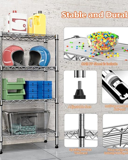1000 lbs 4 Tier Shelf Metal Storage Shelves Wire Rack Closet Organizers with PP Board for Garage Kitchen Bathroom Laundry Chrome 11.8" D x 21.7" W x 39.5" H