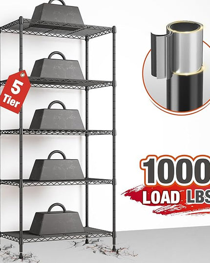 REIBII 5 Tier Storage Shelves Adjustable Wire Rack Shelving, Kitchen Shelves 13.4" D x 23.2" W x 60" H Strong Metal Shelves for Restaurant Garage Pantry，Black