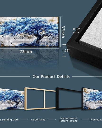 ERQINHUA Large Canvas Wall Decor For Living Room Wall Art For Bedroom Office Home Decor Blue Tree Wall Paintings Farmhouse Abstract Watercolour Pictures Artwork Ready To Hang 32x72 In Black Framed