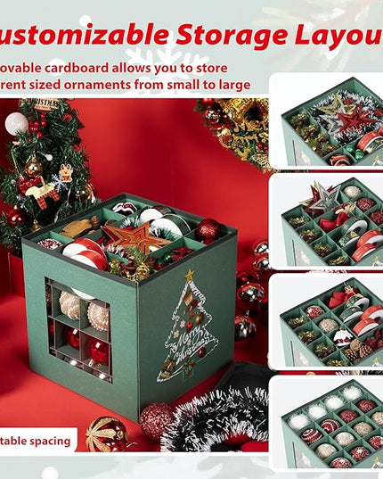 Christmas Ornament Storage Box with Lid - Holds 64 Ornaments, Large Sturdy & Foldable Organizer Case for Holiday Decor 11.8x11.8x11.8 Inch