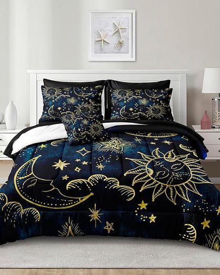 Merryword 6 Pieces Universe Bed in a Bag Sun and Moon Comforter Set Twin Size Galaxy Bedding Blue Gold Moon Star Pattern Bohemian Gothic Comforter Set for Boys Girls Women