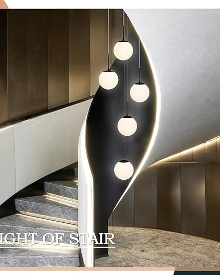 KoKo&Yukina 5-Light Globe Glass Pendant Light Adjustable Length Pendant Lights Fixtures Modern Black Chandelier with Milky White Glass Ceiling Lights for Living Room Staircase (Bulb & Remote Incl.)