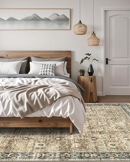 ReaLife Rugs Machine Washable Area Rug Runner - Living Room Bedroom Bathroom Kitchen Entryway Office - Padded Low Pile Stain Resistant Premium - Boho Farmhouse Vintage - Dua - Brown Gray Beige 3'x5'