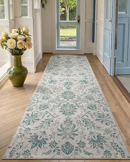 jinchan Torino Runner Rugs 3x10 Vintage-Inspired Floral Design Machine Washable Non-Slip Ultra-Thin Low-Pile Rubber Backing Traditional Rug for Kitchen Hallway Laundry Room Entryway Turquoise