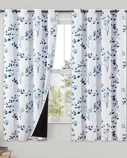 Beauoop Floral 100% Blackout Curtains 63 Inch Length 2 Panels for Bedroom Living Room Navy Blue and White Flower Patterned Room Darkening Thermal Soundproof Grommet Window Treatments Drapes, 52X63