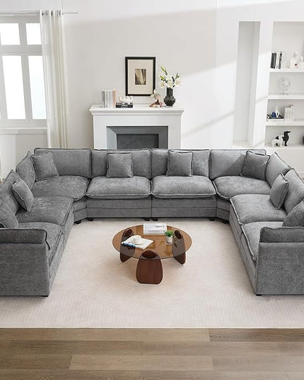 147'' Oversized U Shaped Cloud Sectional Sofa, Chenille Deep Seat Couches for Living Room, Comfy Upholstered Modular Sectional Sofa Couch, Grey