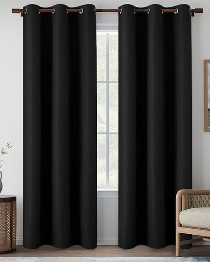 Black Full Blackout Curtains 84 Inch Length for Bedroom Living Room, Flax Linen 100% Shading Thermal Insulated Lightweight Grommet Window Drapes, Black, W37 x L84, 2 Panels