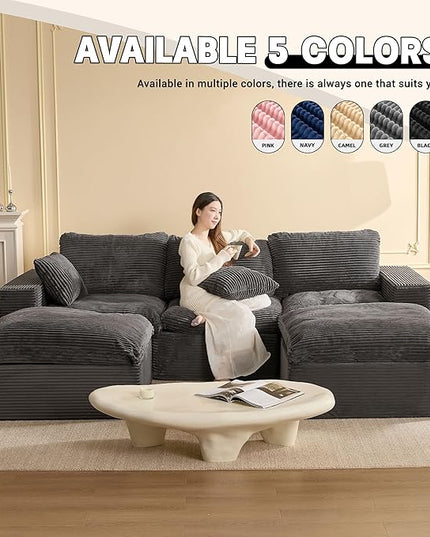 106.3” Sectional Couches for Living Room, Cloud Couch, Modular Sectional Sofa, Convertible Sofas Bed, Deep Seat Sofa, U Shaped Cozy Sofa Furniture Set, Corduroy, Gray