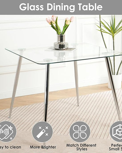 Silver Glass Dining Room Table Set for 2, 36'' Modern Luxury Square Dinner Table Set, 3 Piece Clear Glass Top Minimalist Kitchen Table Set, Ivory Woven Dining Chair for Small Apartment