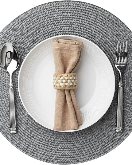 Round Placemats Set of 12 Plastic Woven Placemats Washable Wipeable Table Mats for Dining Table Heat Resistant Non-Slip Circle Place Mats (Gray)