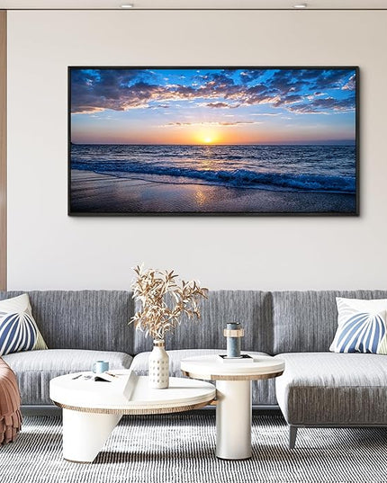 Blue Ocean Framed Wall Decor Living Room Large Size Canvas Wall Art For Bedroom Boho Home Decor Sea Beach Canvas Pictures Artwork Sunny Sea View Painting Office Wall Decorations Black Framed 24" X 48"