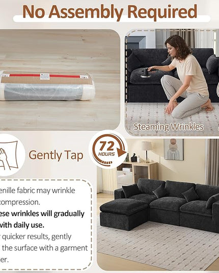 115''Cloud Boneless Sectional Couch, Modular Sectional Sofa Deep Seat with Ottoman, Oversized Upholstered Convertible Comfy 4 Seater Chenille Sofa L Shape Couches for Living Room, Dark