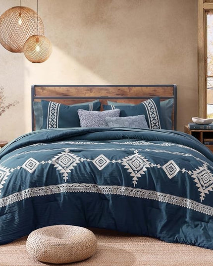 MaiRêve Embroidery Full Size Comforter Set Navy Blue, Farmhouse Western Boho Bedding Set 7 Pieces, All Season Bed in A Bag Comforter Set with Sheets, Pillowcases & Shams