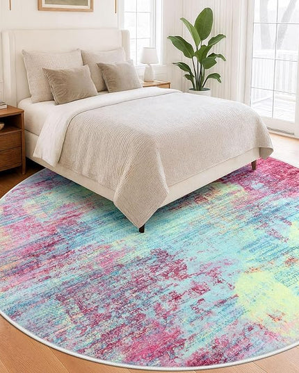 IOHOUZE Abstract Round Area Rug 8 Ft Washable Circle Rugs Large Round Rug Non Slip Thin Soft Circle Rugs, Printed Faux Wool Floor Carpet for Bedroom Living Room Dining Room Nursery, Pink Teal