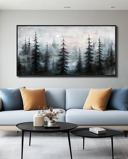 XIGUANGART Large Canvas Wall Art Misty Forest Landscape Pictures Nature Farmhouse Abstract Watercolour Painting Wall Decor Living Room, Bedroom Home Office Mural Decorations Artwork Black Framed