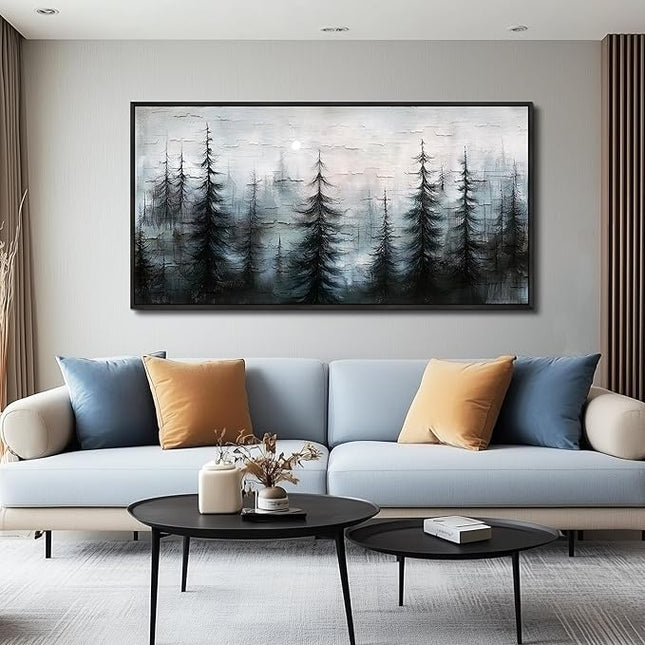 XIGUANGART Large Canvas Wall Art Misty Forest Landscape Pictures Nature Farmhouse Abstract Watercolour Painting Wall Decor Living Room, Bedroom Home Office Mural Decorations Artwork Black Framed