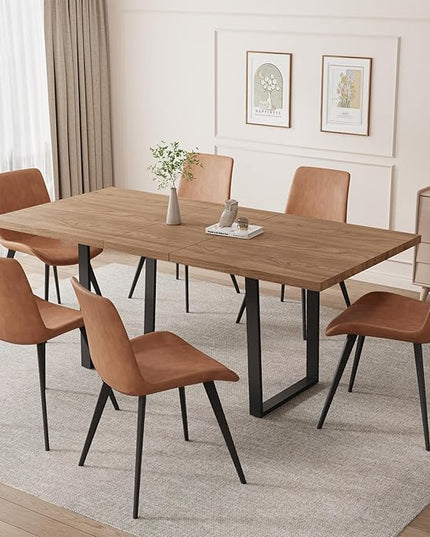 ZckyCine 67" Expandable Walnut Dining Table and 6 Upholstered Chairs, 7-Piece Dining Room Furniture Set, Mid-Century Modern Style for Home, Dining Room and Kitchen