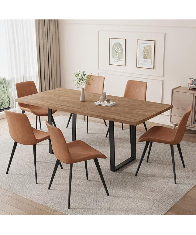 ZckyCine 67" Expandable Walnut Dining Table and 6 Upholstered Chairs, 7-Piece Dining Room Furniture Set, Mid-Century Modern Style for Home, Dining Room and Kitchen