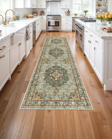 Washable Oriental Hallway Runner Rug - 3x12 Rugs for Living Room Soft Carpet for Bedroom Kitchen Waterproof Floral Distressed Indoor Stain Resistant Non-Shedding Floor Carpets (Green, 3X12)