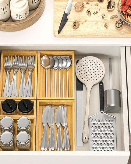 Bamboo Drawer Organizer, Set of 9 Wood Kitchen Junk Tea Desk Office Tray, Wooden Storage Boxes Organizers for Bathroom, Office (2" H 9 Boxes)