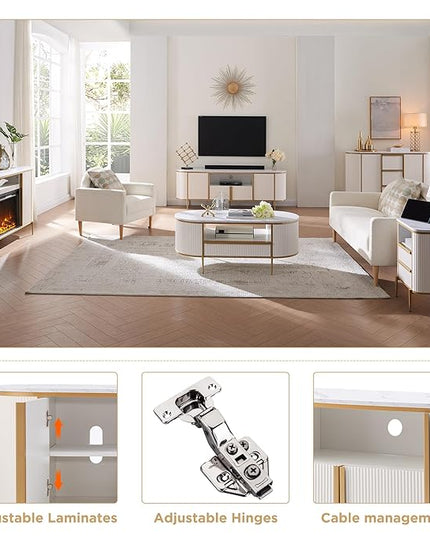 OKD Luxury 70" Fluted TV Stand, Modern Chic Entertainment Center for TVs Up to 80 inches, TV Console with Faux Marble Top, Curved Profile Design, Media Console for Living Room, Off White