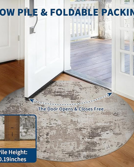 Modern Abstract 4x4 Round Area Rug Non Slip Non Shedding Rug Low Pile Stain Resistant for Bedroom Living Room Office Dining Room,Brown Grey