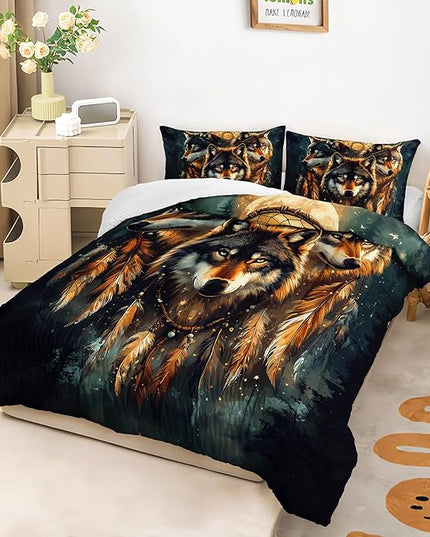 AILONEN Wild Wolf Print Twin Size Comforter Set,Boho Dream Catcher Bedding Sets,Cool Wildlife Animal Duvet Set,3-Piece, 1 Quilt and 2 Pillowcases,Soft Microfiber