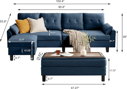 Convertible Sectional Sofa, Modern L Shaped Couch,Linen Fabric 4-Seat Sofa Set with Storage Ottoman and Coffee Table for Living Room,Blue