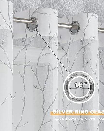 BUHUA White Sheer Curtains 108 Inch Long - Silver Foil Tree Branch Curtain 2 Panels, Semi-Sheer Window Curtains for Living Room, 52 x 108 Inch, 1 Pair, White