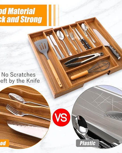 Bellsal Large Premium Acacia Wood Silverware Organizer - Expandable Utensil Drawer Organizer - 17"x19.6" Utensil Holder and Cutlery Tray with Grooved for Kitchen Flatware Utensils(7-9 Slot, Acacia)