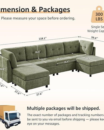 VANOMi 4 Seater Cloud Couches for Living Room with 2 Ottomans, 118" Modular Sectional Sofas & Couches, Comfy Chenille Cloud Sectional Couch Sofa for Apartment, Office, Green, U Shaped