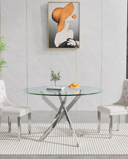Round Glass Dining Table Set for 2, 47'' Clear Circular Kitchen Table and Chairs Set, 3PCS Modern Circle Dining Room Table Set with 2 Velvet Dining Chair for Home