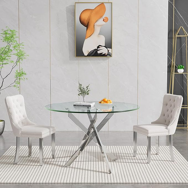 Round Glass Dining Table Set for 2, 47'' Clear Circular Kitchen Table and Chairs Set, 3PCS Modern Circle Dining Room Table Set with 2 Velvet Dining Chair for Home