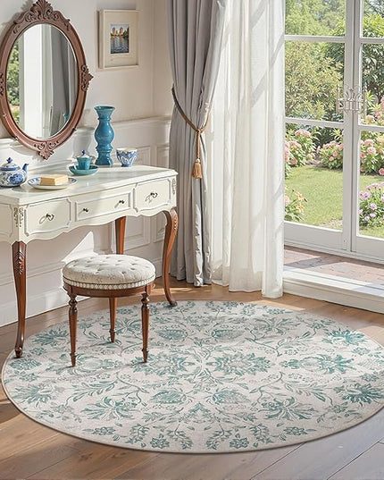 jinchan Torino Classic Floral Round Rug 4ft Vintage-Inspired Design 4’Circle Rug, Machine Washable Ultra-Thin Low-Pile Non-Slip Indoor Carpet for Bedroom Dining Room Living Room Entryway