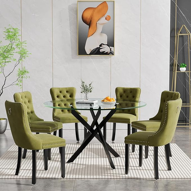 HomVent 7 Piece Round Glass Dining Table Set, Tempered Glass Dinner Table Set for 6 Kitchen Table Set with 6 Velvet Upholstered Chairs for Kitchen Dining Room