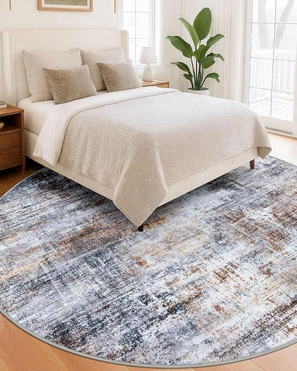 IOHOUZE Abstract Round Area Rug 8 Ft Washable Circle Rugs Large Round Rug Non Slip Thin Soft Circle Rugs, Printed Faux Wool Floor Carpet for Bedroom Living Room Dining Room Nursery, Orange Grey